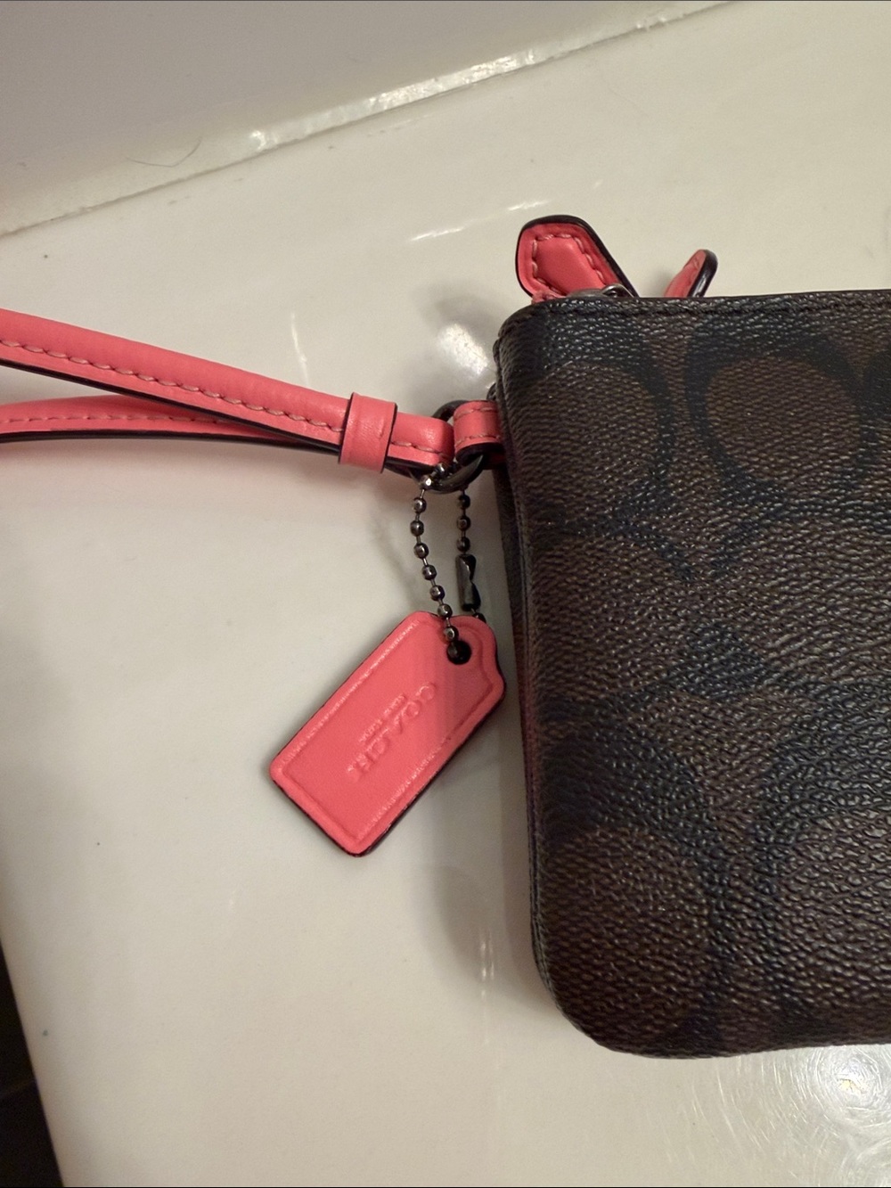 Coach Brown Signature Double Zip Wristlet with Pink Strap - Picture 2 of 10
